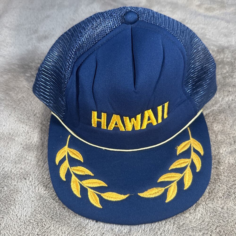Vintage Hawaii Hat Cap Snap Back Blue Yellow Scrambled Eggs Laurel Leaf Mesh 80s